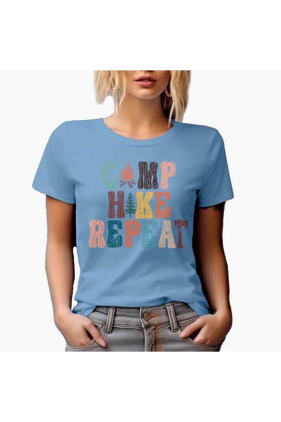 Distressed Camp, Hike, Repeat Art Merch Gift, Baby Blue T-Shirt, 3XL