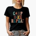thumbnail image 1 of Distressed Camp, Hike, Repeat with Bonfire & Pine Tree Art Merch Gift, Black T-Shirt, Small, 1 of 5