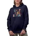 thumbnail image 1 of Distressed Camp, Hike, Repeat with Bonfire & Pine Tree Art Merch Gift, Navy Blue Hooded Sweatshirt or Hoodie, 2XL, 1 of 5