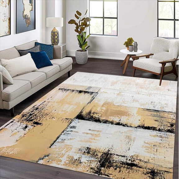 Distressed Canvas Abstract Area Rugs, Artistic Texture Design Carpet, Washable Non Slip Low Pile Rug for Living Room Bedroom Farmhouse Hallway Decor Mat 5x8ft