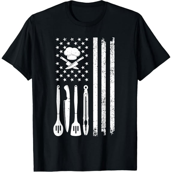 Distressed Chef Utensil American Flag Graphic 100% Cotton T-Shirt for Cooks