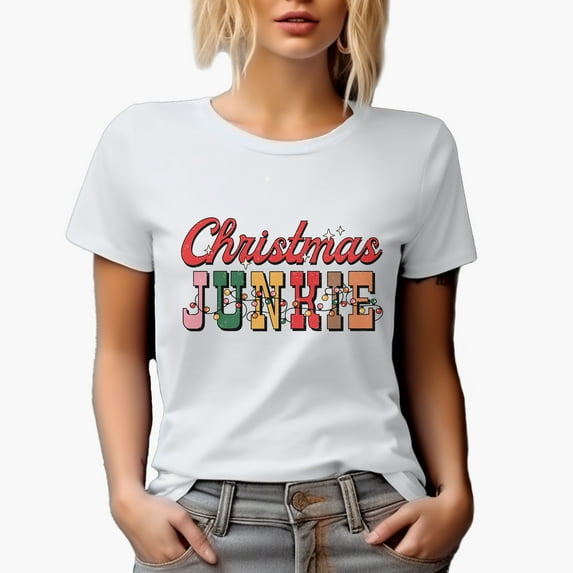 Distressed Christmas Junkie - Retro Christmas Lights Art Merch Gift, White T-Shirt, XL