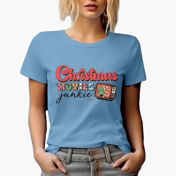 Distressed Christmas Movies Junkie - Retro or Vintage Television Art Merch Gift, Baby Blue T-Shirt, Large