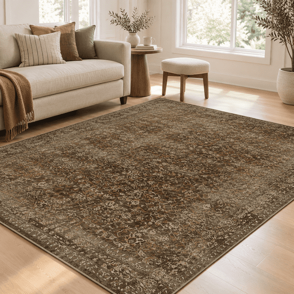 Earthy Brown Rug Distressed Coffee Brown Living Room Rugs 6x9 Washable Non Slip Thin ...