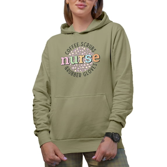 Distressed Coffee, Scrubs & Rubber Gloves - Nurse Themed Art Merch Gift, Sand Hooded Sweatshirt or Hoodie, Medium