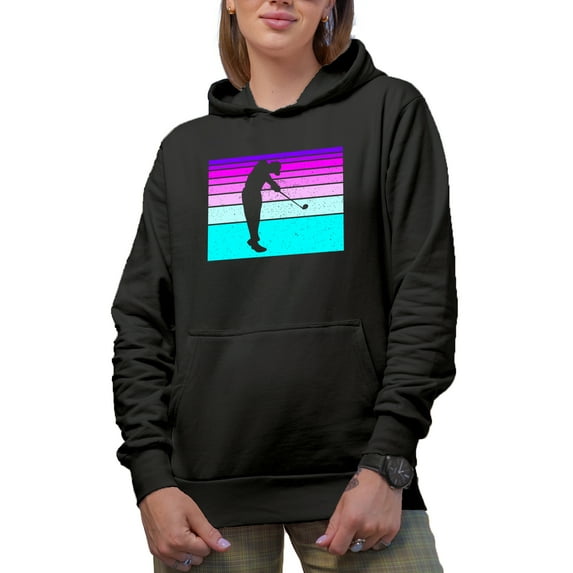Distressed Color Block with Shadow of a Swinging Golf Player, Golfing or Golfer Themed Merch Gift, Black Hooded Sweatshirt or Hoodie, 3XL