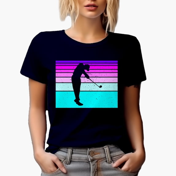 Distressed Color Block with Shadow of a Swinging Golf Player, Golfing or Golfer Themed Merch Gift, Navy Blue T-Shirt, Small