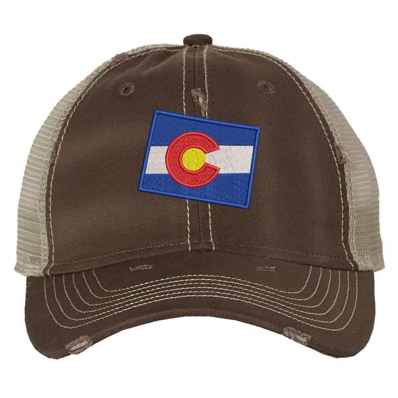 Distressed Colorado Trucker Hat - Vintage State Flag Patriotic Mesh Strapback Cap - Centennial State (Brown)