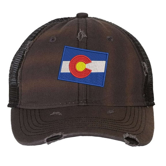 Distressed Colorado Trucker Hat - Vintage State Flag Patriotic Mesh Strapback Cap - Centennial State (Charcoal)
