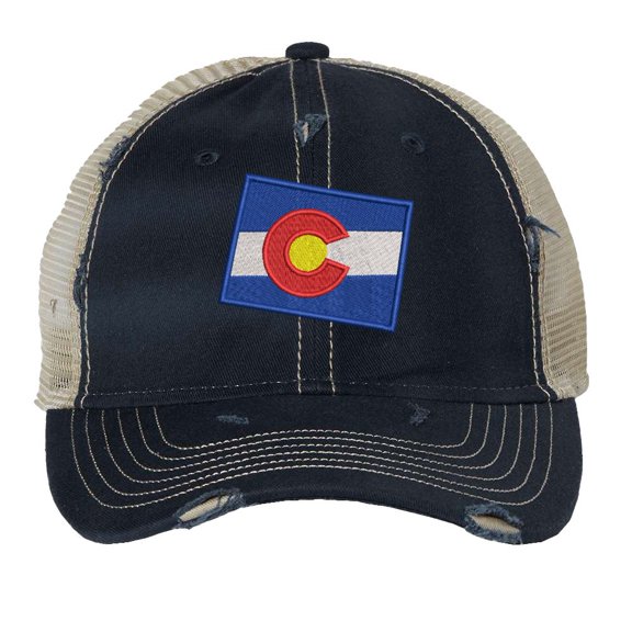 Distressed Colorado Trucker Hat - Vintage State Flag Patriotic Mesh Strapback Cap - Centennial State (NavyBlue)