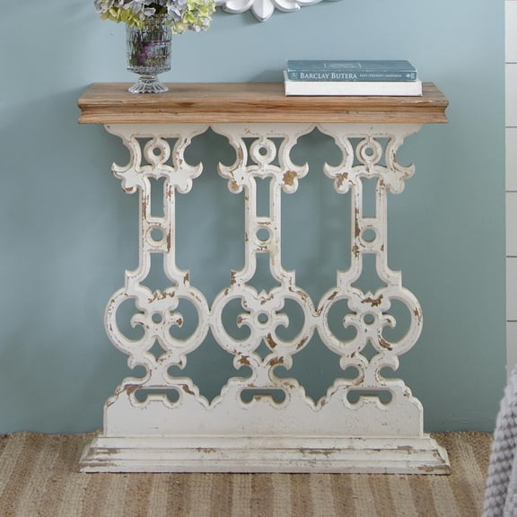 Distressed Console Table, Vintage French Country Entry Table Foyer Table with Wood Carvings and Scrollwork Base, 32" Weathered Wash White Sofa Table with Brown Wood Top