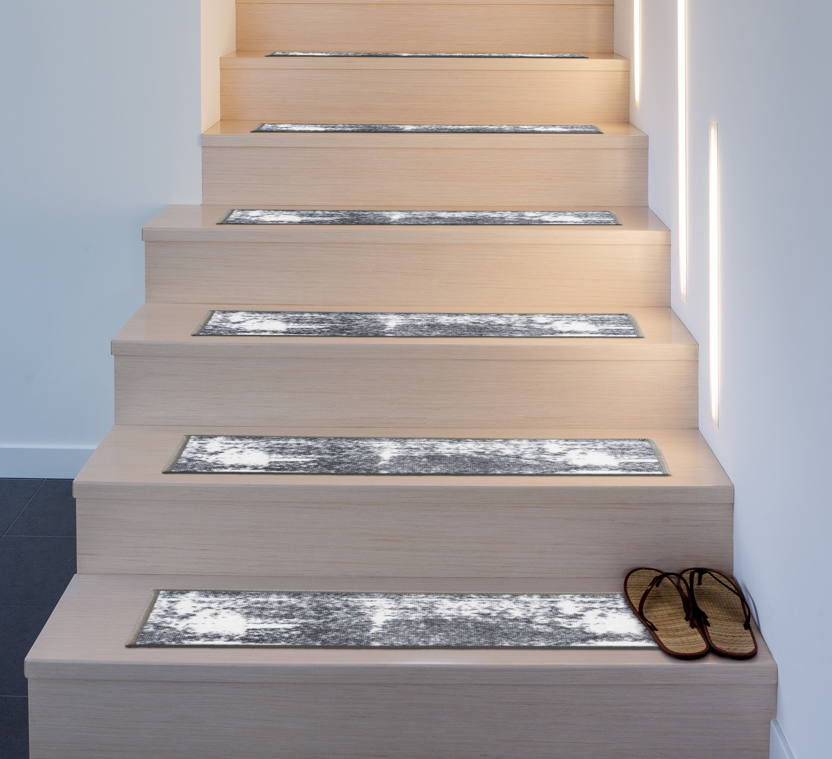 Gray and White Distressed Bohemian Non-Slip Stair Treads Set