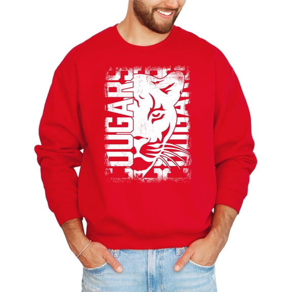 Distressed Cougars Unisex Sweatshirt for Adults, Teens & Kids School Sports Team Pride Sweater Red Sweatshirt Adult Small