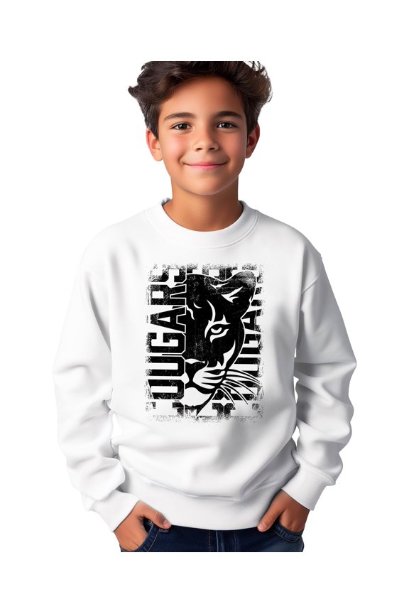 Distressed Cougars Unisex Sweatshirt for Adults, Teens & Kids School Sports Team Pride Sweater White Sweatshirt Youth Medium