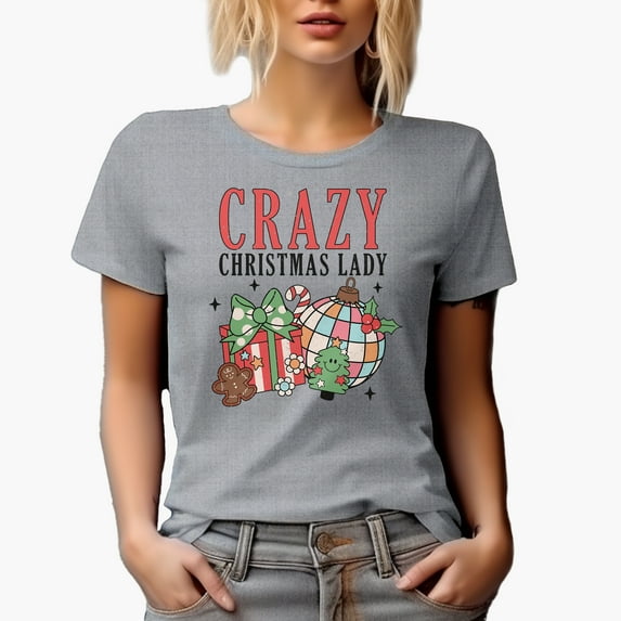 Distressed Crazy Christmas Lady - Present, Gingerbread, Xmas Tree & Ball, Retro Art Merch Gift, Heather Grey T-Shirt, 2XL