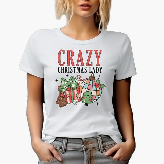 Distressed Crazy Christmas Lady - Present, Gingerbread, Xmas Tree & Ball, Retro Art Merch Gift, White T-Shirt, 3XL