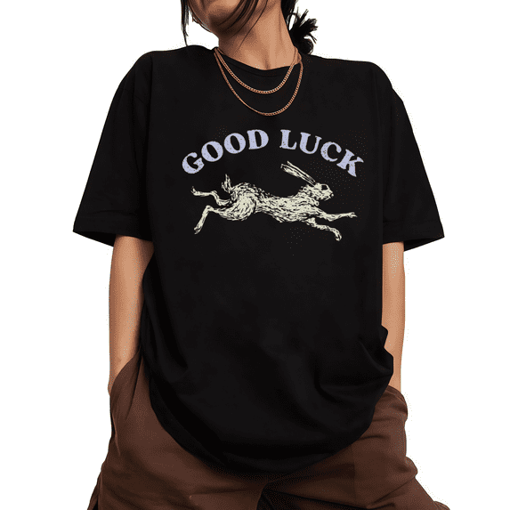 Distressed Cream Rabbit Good Luck Print Tshirt Black S-5XL Laid Back Graphic Tees Shirts Tops