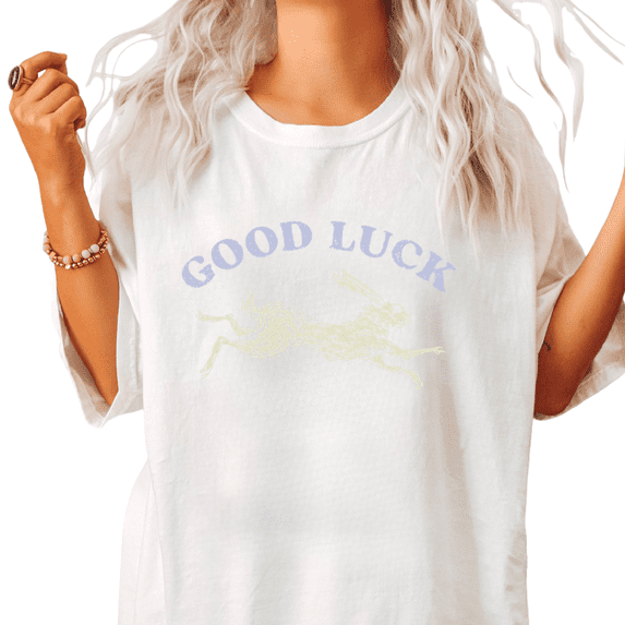 Distressed Cream Rabbit Good Luck Print Tshirt White S-5XL Laid Back Graphic Tees Shirts Tops