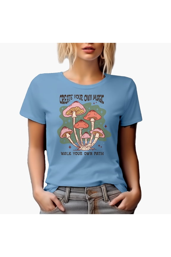 Distressed Create Your Own Magic - Walk Your Own Path, Boho Retro Mushroom Art Merch Gift, Baby Blue T-Shirt, Large