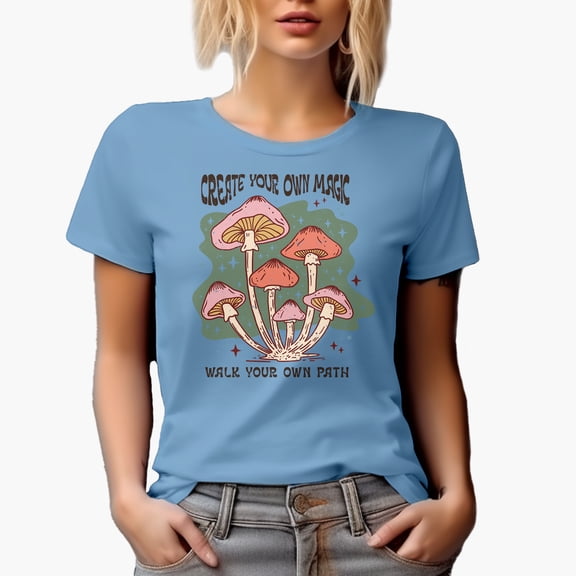Distressed Create Your Own Magic - Walk Your Own Path, Boho Retro Mushroom Art Merch Gift, Baby Blue T-Shirt, XL