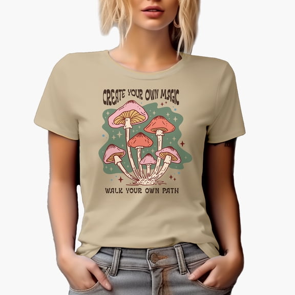 Create Your Own Magic, Walk Your Own Path, Boho Retro Mushroom Art Merch Gift, Tan T-Shirt, Small