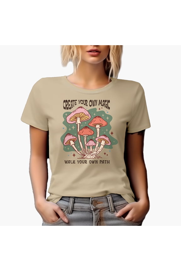 Create Your Own Magic, Walk Your Own Path, Boho Retro Mushroom Art Merch Gift, Tan T-Shirt, Small