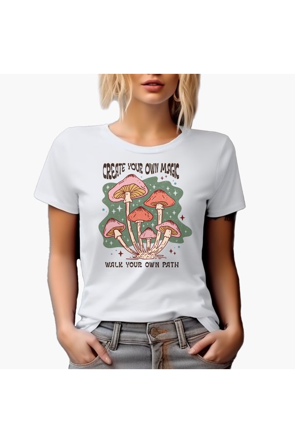 Distressed Create Your Own Magic - Walk Your Own Path, Boho Retro Mushroom Art Merch Gift, White T-Shirt, 3XL