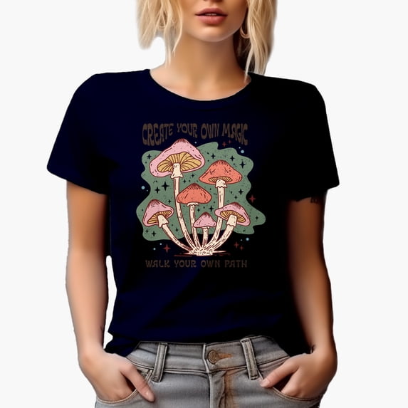 Distressed Create Your Own Magic, Walk Your Own Path, Retro Boho Mushroom Art Merch Gift, Navy Blue T-Shirt, 2XL