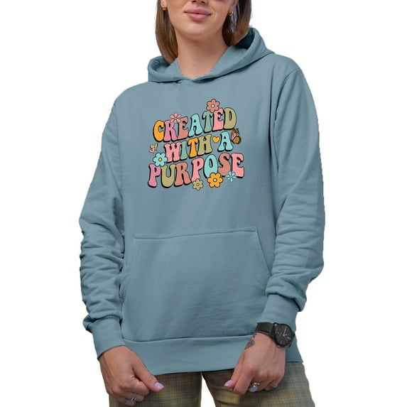 Distressed Created with a Purpose - Retro Wavy Text Art Merch Gift, Light Blue Hooded Sweatshirt or Hoodie, Small