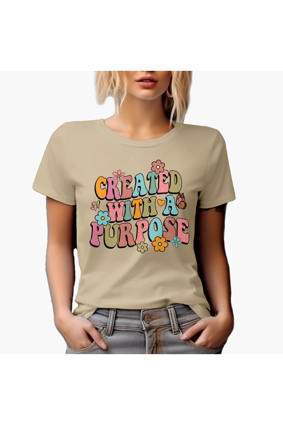 Distressed Created with a Purpose - Retro Wavy Text Art Merch Gift, Tan T-Shirt, XL