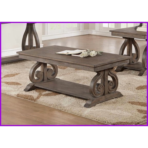 Distressed Dark Oak Coffee Table with Scrolled Base & Lower Shelf French Provincial Style for Living Room