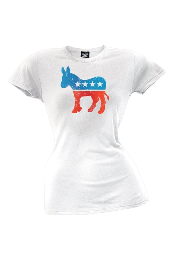 Distressed Democrat Donkey Logo White Juniors T-Shirt - Small