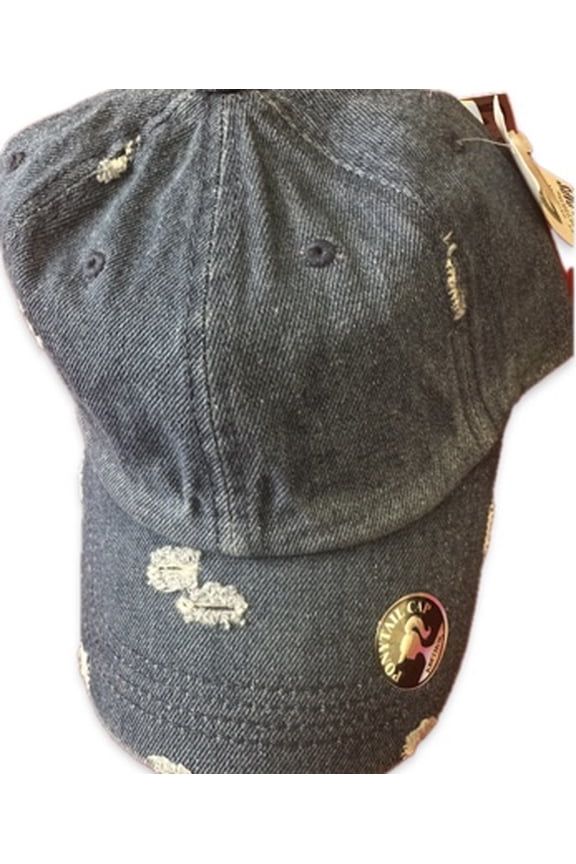 Distressed Denim Baseball Cap with Ponytail Opening