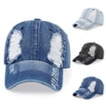 thumbnail image 1 of Distressed Denim Baseball Cap with Ripped Holes and Frayed Edges Featuring Vintage Washed Cotton Texture and Curved Brim Black, 1 of 4