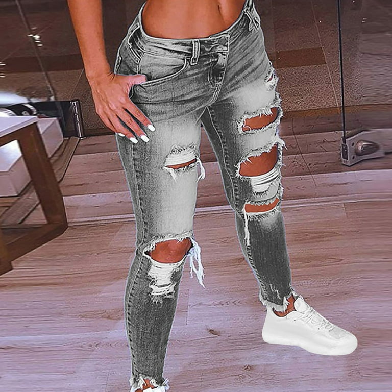 Distressed Denim Pants for Women Plus Size Raw Hem Skinny Wash Jeans Solid  Color Buckle Waist Capri Trousers with Pockets