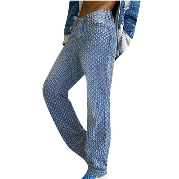 Distressed Denim Pants for Women Solid Color High Waist Wash Jeans with Pockets Trendy Loose-Fit Bell Bottom Trousers