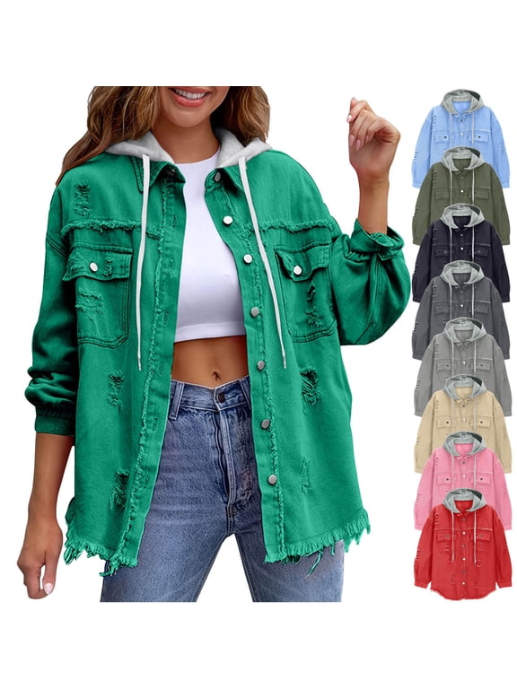 Distressed Detachable Hooded Denim Jackets for Women Long Sleeve Button Down Trucker Jacket Frayed Hem Casual Streetwear Coat
