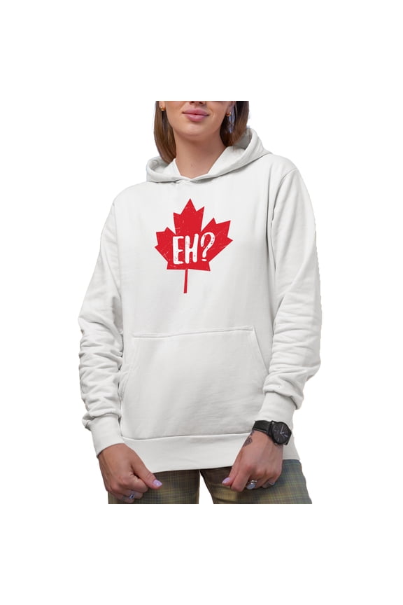 Distressed Distressed Eh? - Maple Leaf, Canada or Canadian Themed Merch Gift, White Hooded Sweatshirt or Hoodie, Large