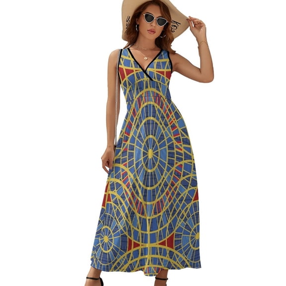 Distressed Dragoncon Marriott Carpet Pattern with Extrusion Dress Summer Street Style Bohemia Long Dresses Female Sleeveless Printed Maxi Dress