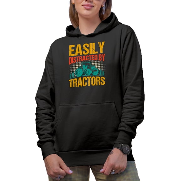 Distressed Easily Distracted by Tractors - Farmer or Farm Owner, Tractor Driver, Black Hooded Sweatshirt or Hoodie, 3XL