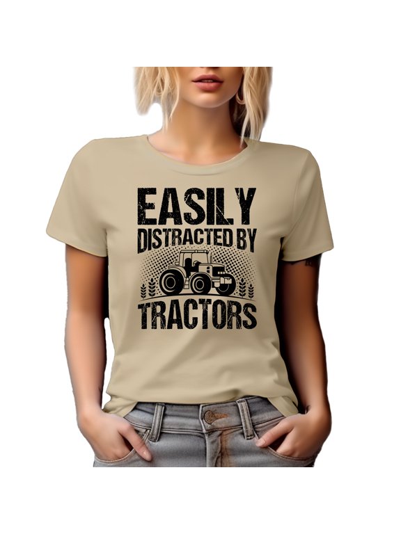 Distressed Easily Distracted by Tractors, Farmer or Farm Owner, Tractor Driver, Tan T-Shirt, Small