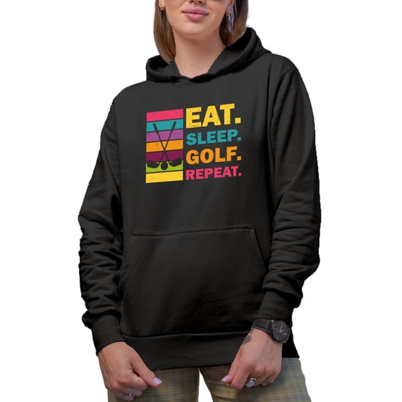 Distressed Eat. Sleep. Golf. Repeat. with Clubs, Golf Player, Golfing or Golfer Themed Merch Gift, Black Hooded Sweatshirt or Hoodie, Small