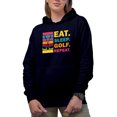 thumbnail image 1 of Distressed Eat. Sleep. Golf. Repeat. with Clubs, Golf Player, Golfing or Golfer Themed Merch Gift, Navy Blue Hooded Sweatshirt or Hoodie, 3XL, 1 of 5