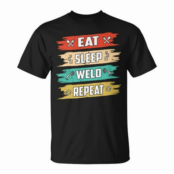 Distressed Eat Sleep Weld Repeat Welding Graphic Tee Unisex Adult Cotton Casual Welder Work Humor Gift T-Shirt, Size L, Color Black