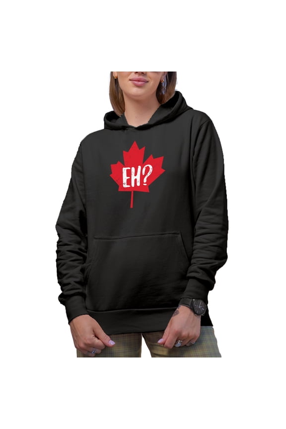 Distressed Eh? Maple Leaf, Canada or Canadian Themed Merch Gift, Black Hooded Sweatshirt or Hoodie, Large