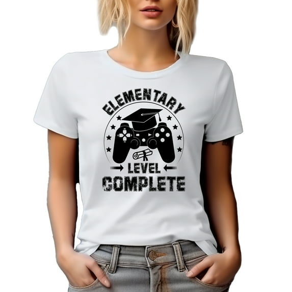 Distressed Elementary Level Complete, Gamer Student Graduation with Game Controller, White T-Shirt, Medium