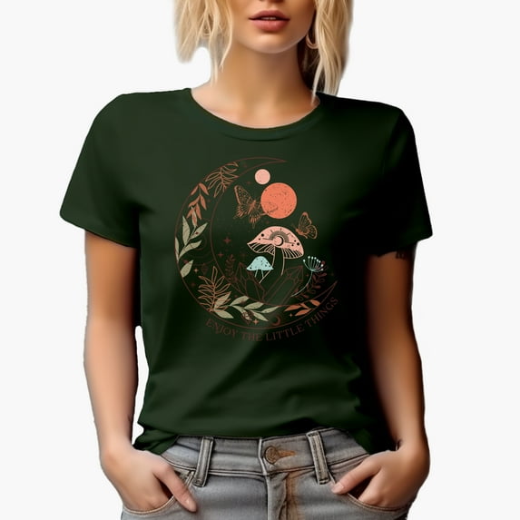 Distressed Enjoy the Little Things, Boho Moon, Butterfly & Mushroom Art, Military Green T-Shirt, 2XL
