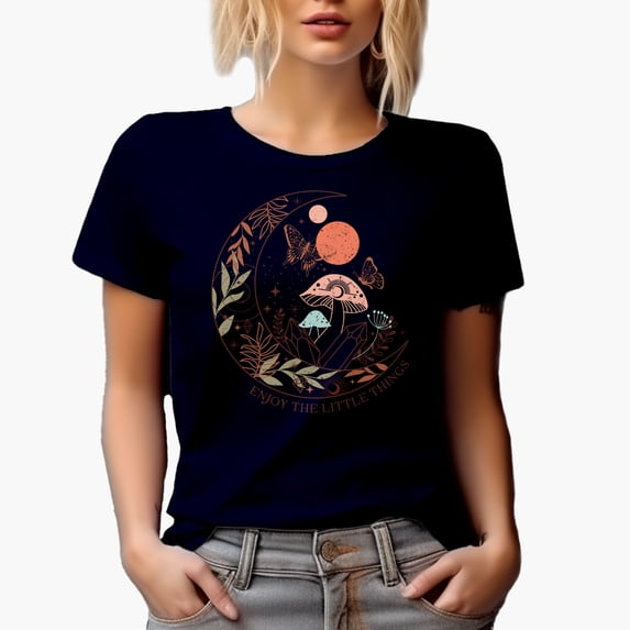 Distressed Enjoy the Little Things, Boho Moon, Butterfly & Mushroom Art, Navy Blue T-Shirt, Small
