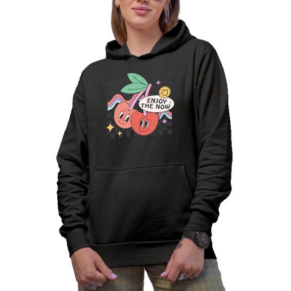 Distressed Enjoy the Now Quote, Retro Cherry Art Merch Gift, Black Hooded Sweatshirt or Hoodie, Large