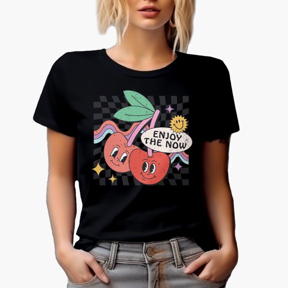 Distressed Enjoy the Now Quote, Retro Cherry Art Merch Gift, Black T-Shirt, Small